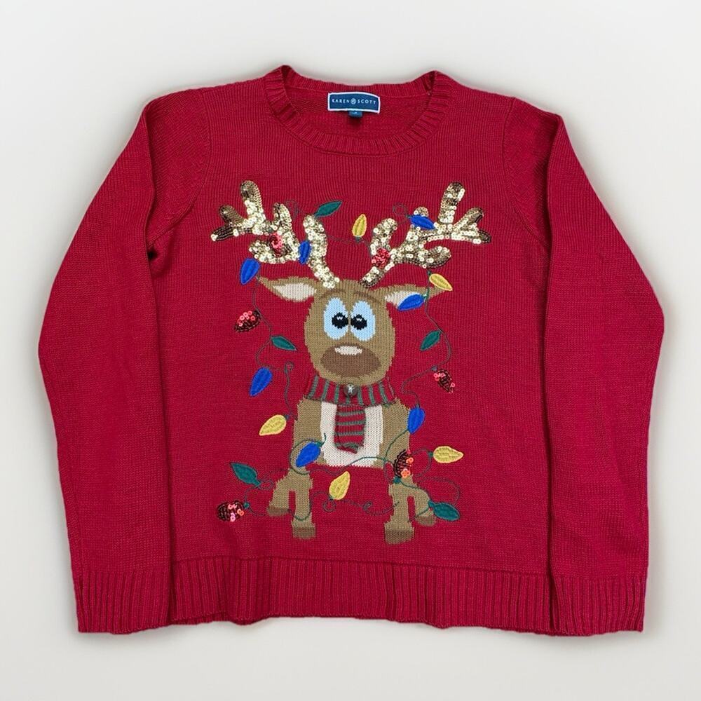 Woman’s Karen Scott Sweater L Reindeer Christmas Ugly Sweater Holiday Bell - Picture 1 of 10